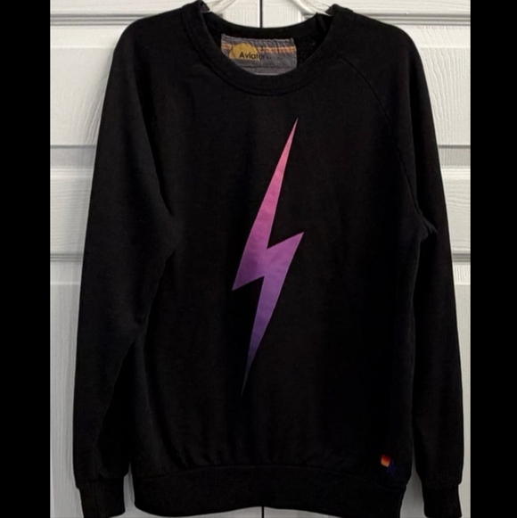 PRE-OWNED AVIATOR NATION Black Sweatshirt with Pink and Purple ⚡️ Lightning Bolt - Picture 2 of 6